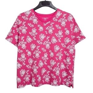 Karen Scott Sport Top‎ Womens L XL Pink V-Neck Short Sleeve Floral Relaxed Fit